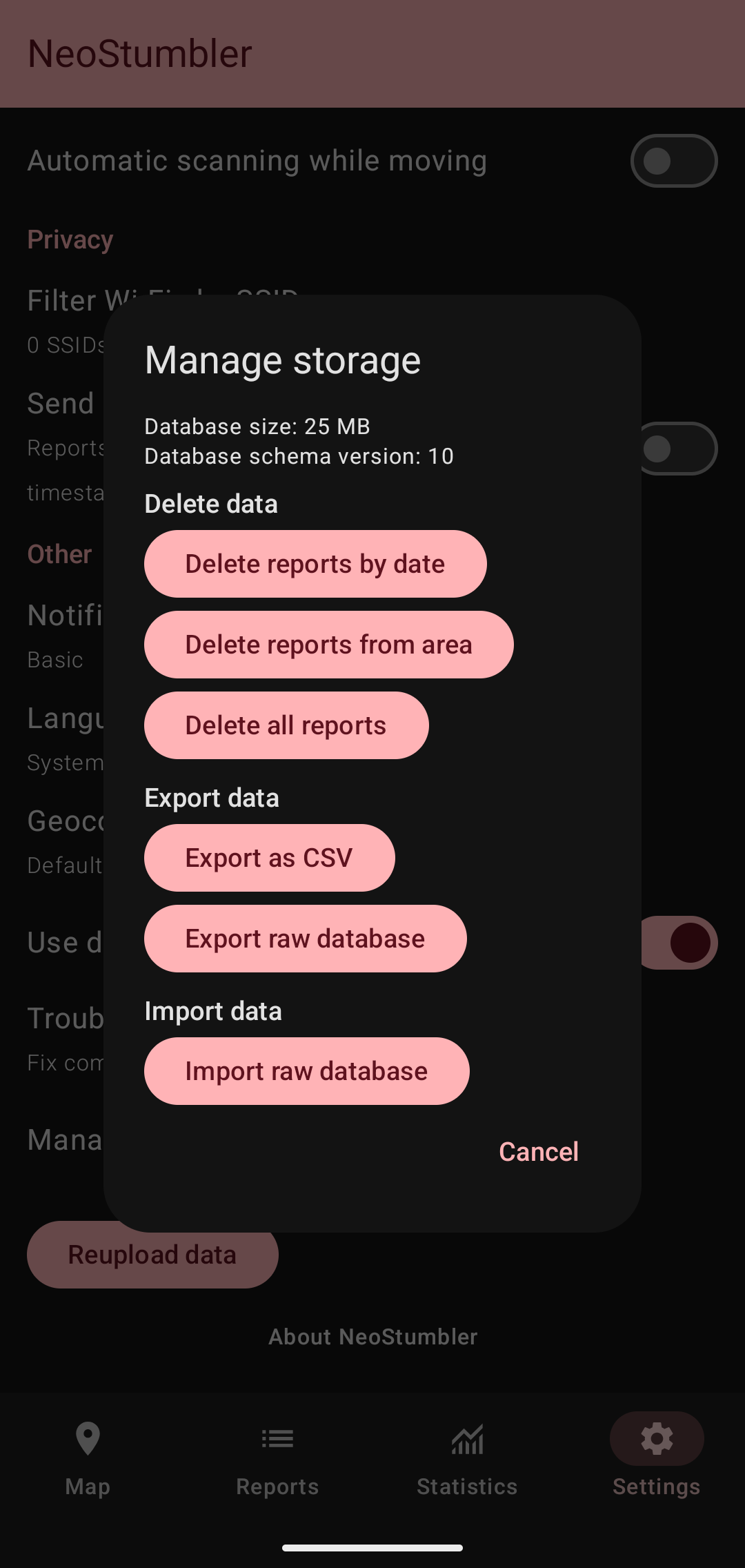 Neostumbler screenshot export to csv